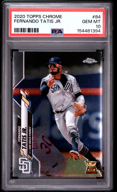 Baseball trading card of Fernando Tatis Jr. in a protective case with a PSA grading label.