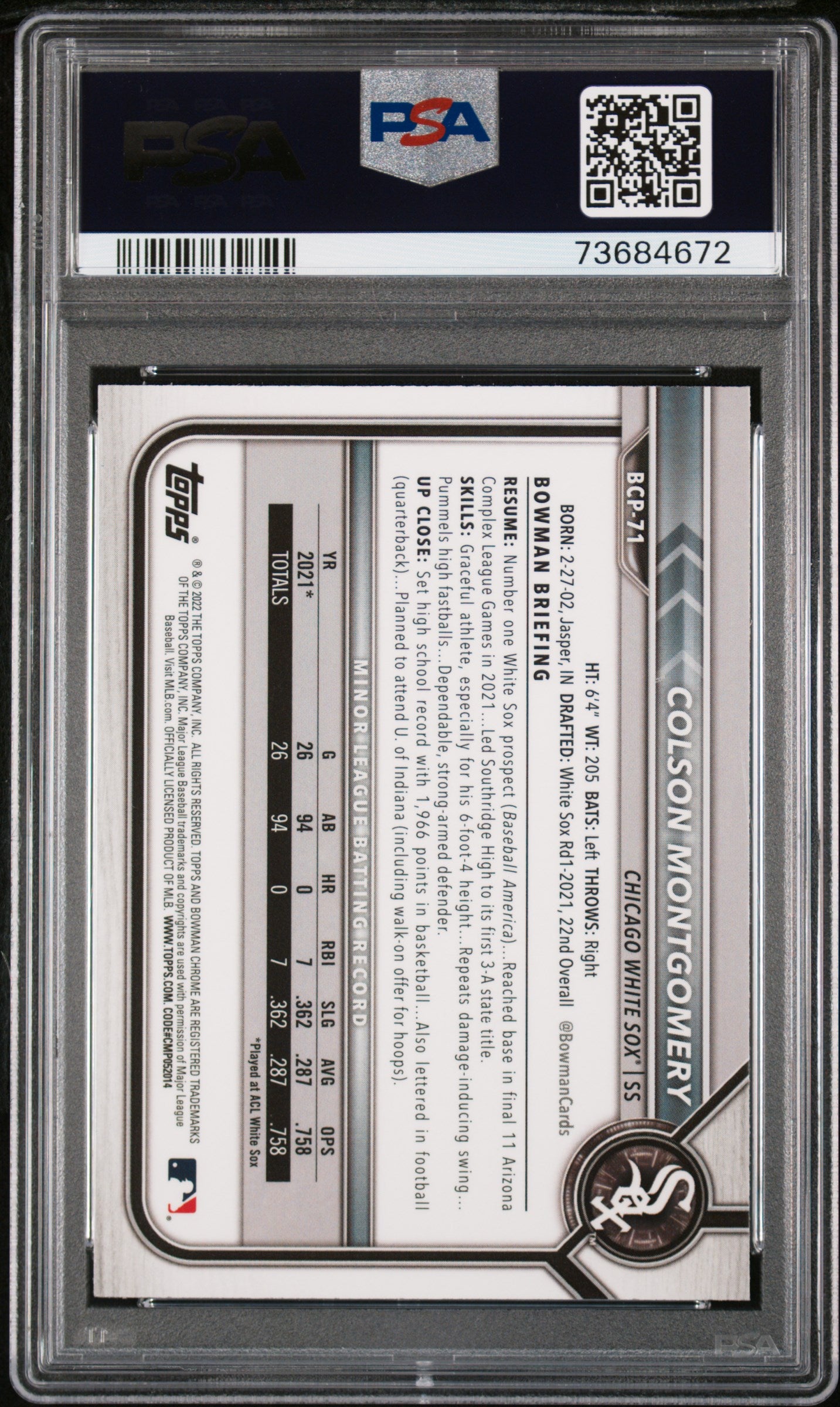 Colson Montgomery prospect card 1st Bowman PSA 9
