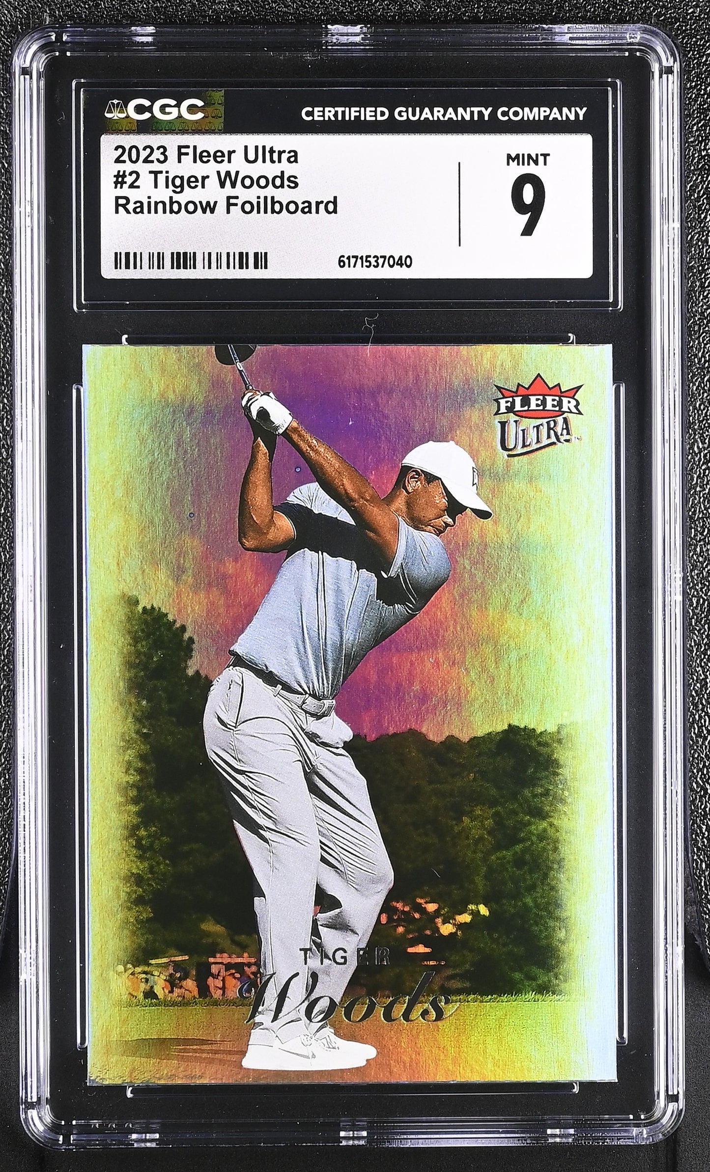 2023 Fleer Ultra Tiger Woods Rainbow Foilboard #2 CGC 9 Mint Golf