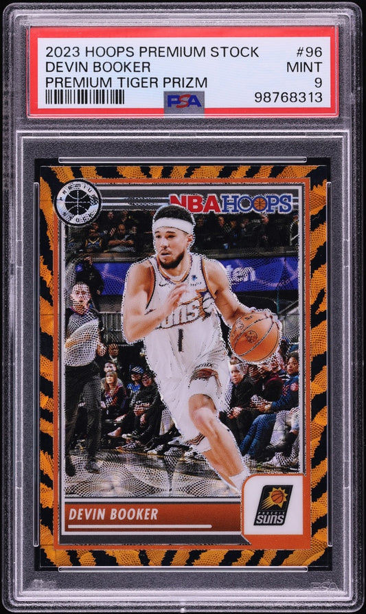 2023-24 Hoops Premium Stock Devin Booker Premium Tiger Prizm PSA 9