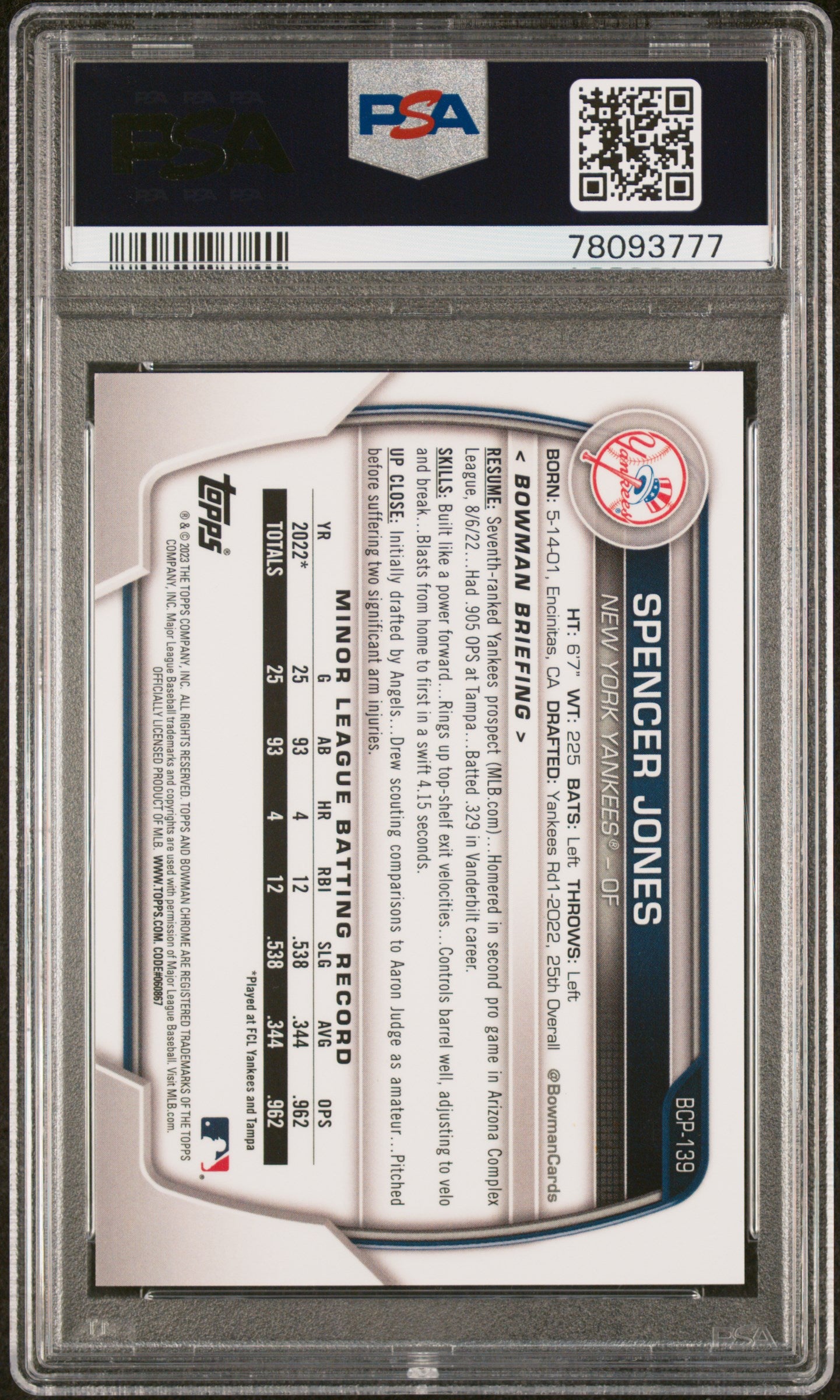 Spencer Jones 2023 Bowman Chrome BCP-139 Navy Refractor /175 PSA 10 slab back
