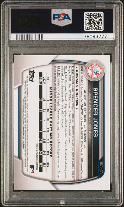 Spencer Jones 2023 Bowman Chrome BCP-139 Navy Refractor /175 PSA 10 slab back
