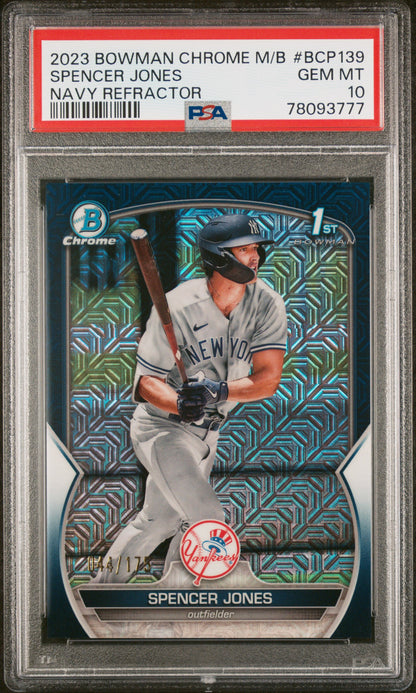 Spencer Jones 2023 Bowman Chrome 1st Bowman Navy Refractor PSA 10 graded card front