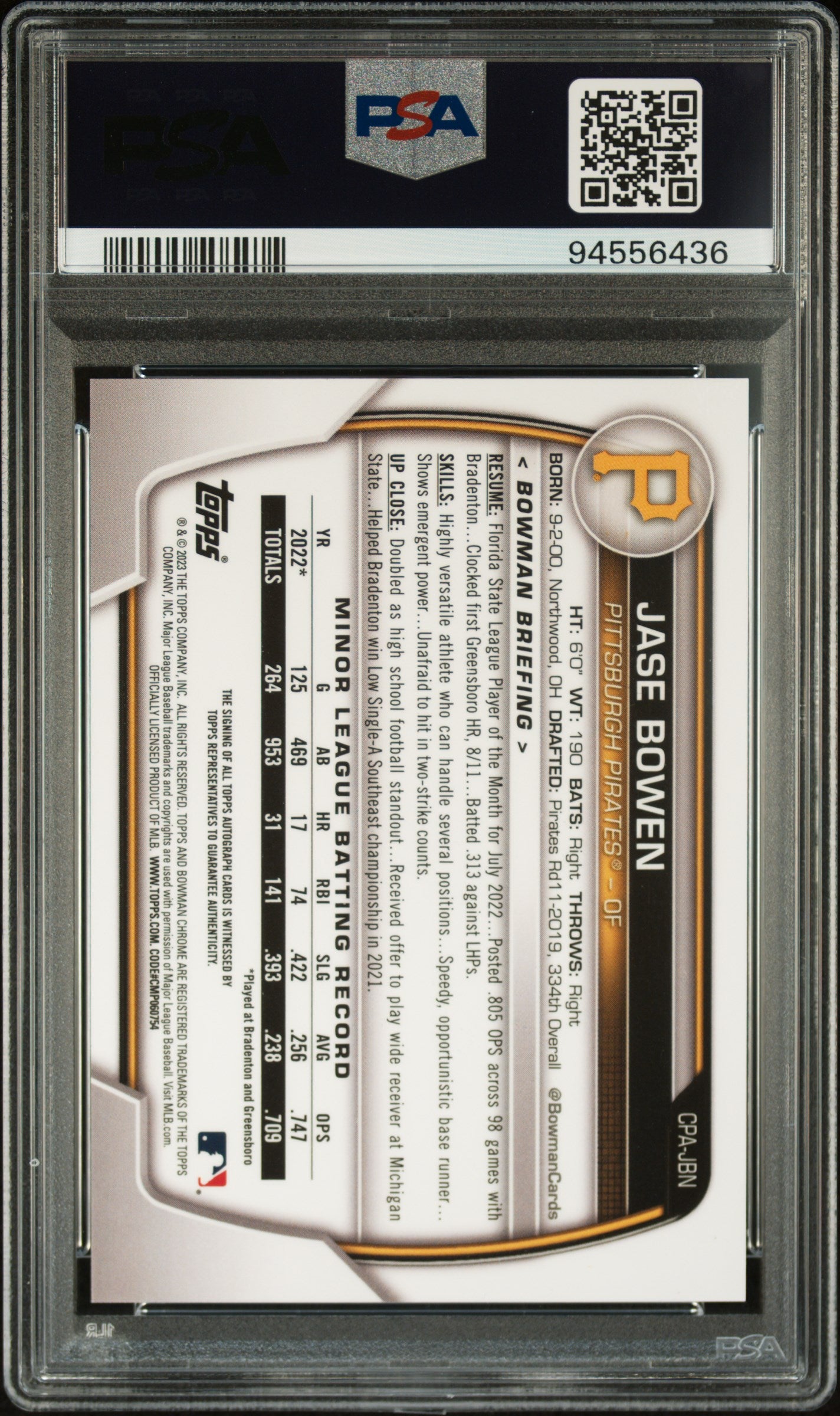 Jase Bowen Bowman Chrome auto PSA 10 green parallel