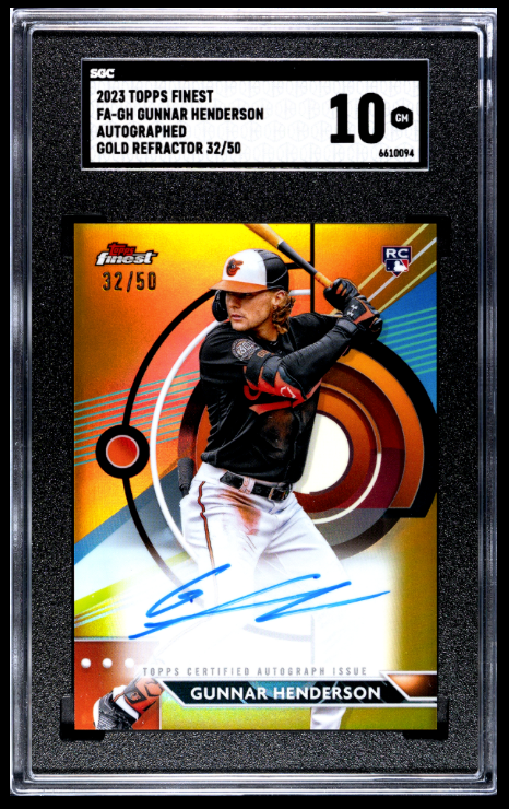 Baseball trading card of Gunnar Henderson with a black border and 'Topps Finest' branding.