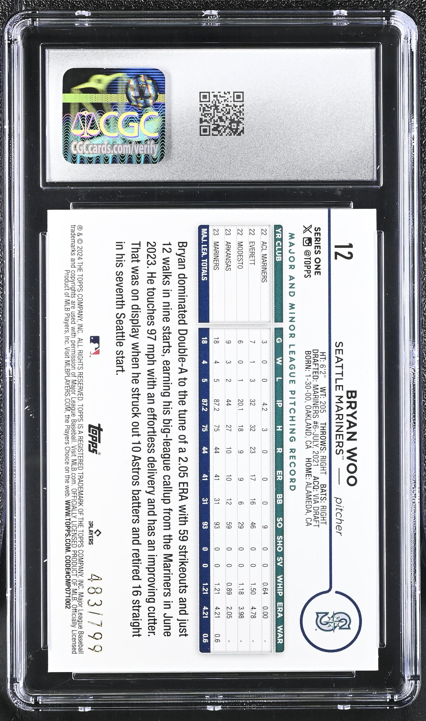 2024 Topps Bryan Woo RC Purple Holofoil #12 CGC 10