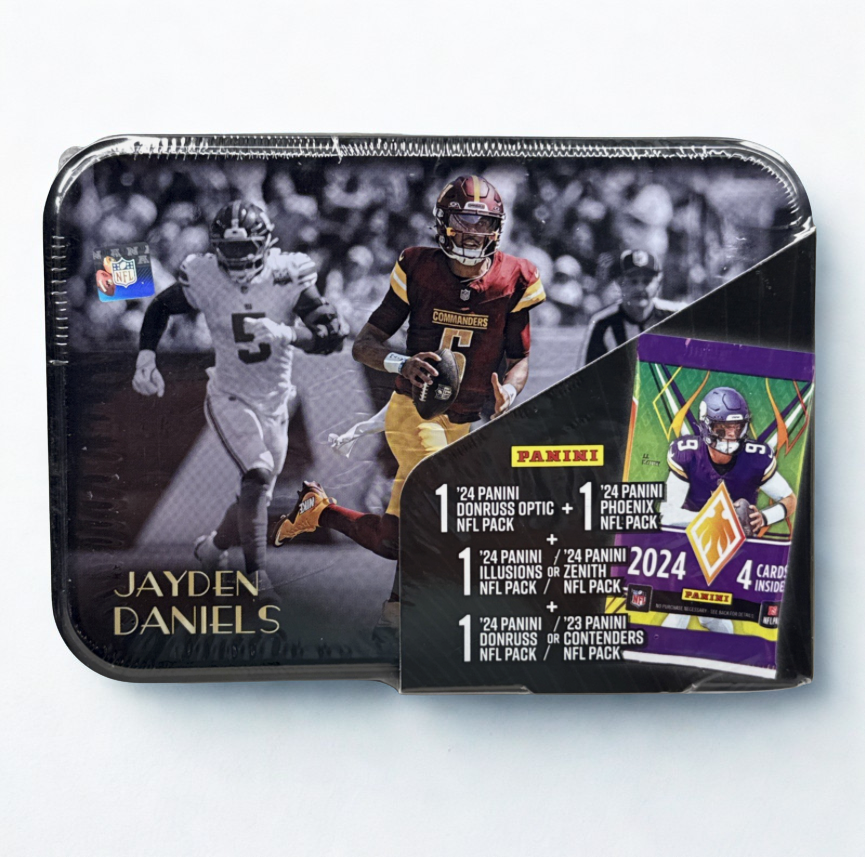 2024 Panini Football 4 Pack Tin with Jayden Daniels on the front