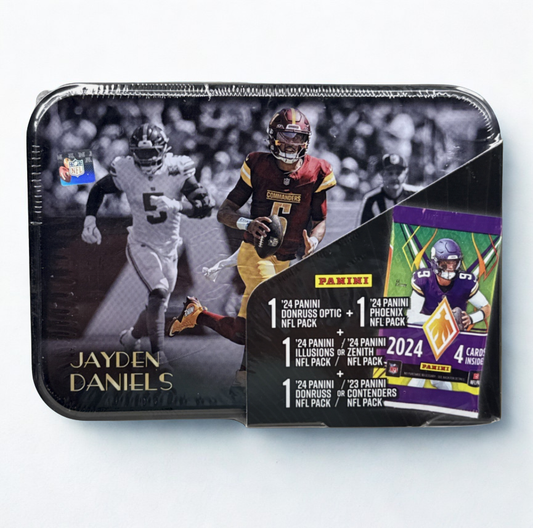 2024 Panini Football 4 Pack Tin with Jayden Daniels on the front
