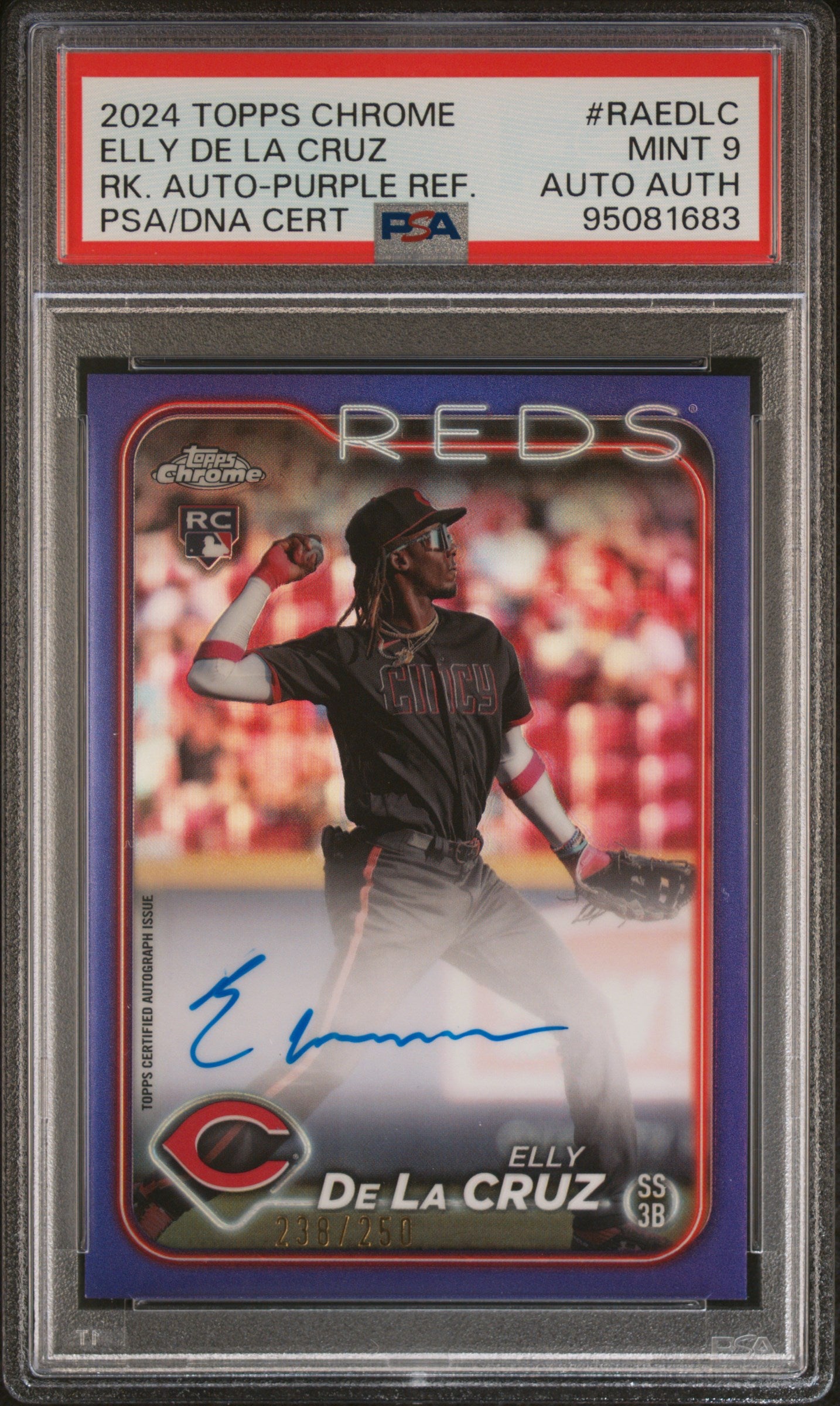 Elly De La Cruz rookie auto purple refractor PSA 9 /250 Topps Chrome front
