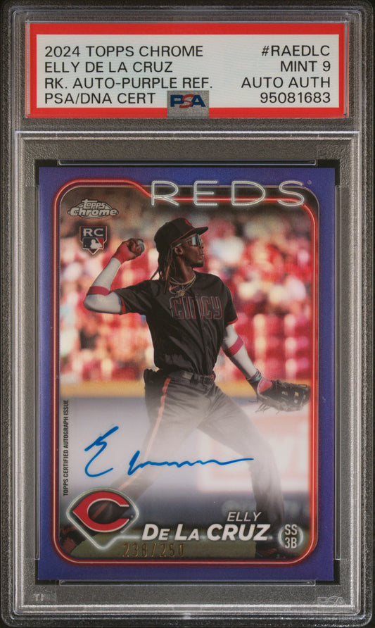 Elly De La Cruz rookie auto purple refractor PSA 9 /250 Topps Chrome front

