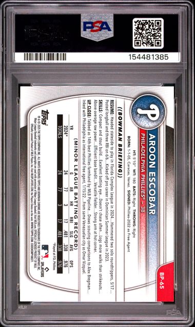 2025 Bowman Aroon Escobar Yellow Pattern 1st Bowman #BP65 PSA 9 Mint