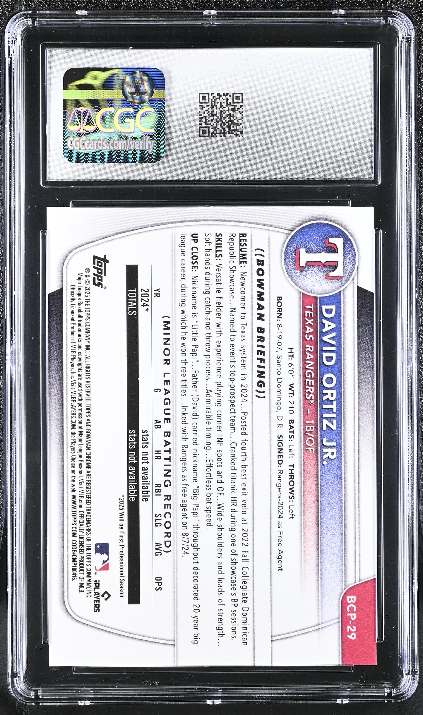 2025 Bowman Chrome Prospects David Ortiz Jr. Lava Refractor /399 #BCP-29 CGC 10