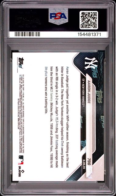 Baseball trading card with a PSA logo and bar code on the back