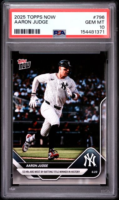 Trading card of Aaron Judge in a New York Yankees uniform, graded by PSA