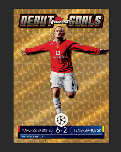 Soccer trading card featuring a Wayne Rooney in a red Manchester United Jersey with 'Debut Goals' text on a gold background