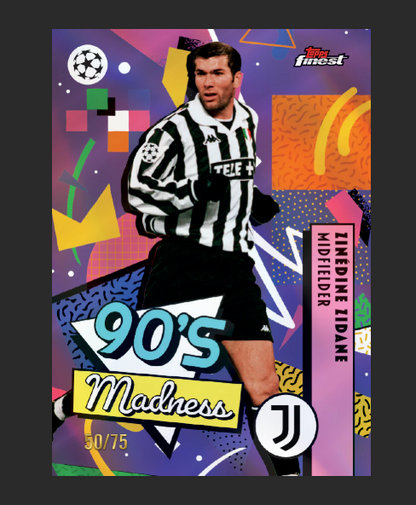 90's Vintage-style sports trading card featuring Zinedine Zidane in a striped jersey against a colorful abstract background.