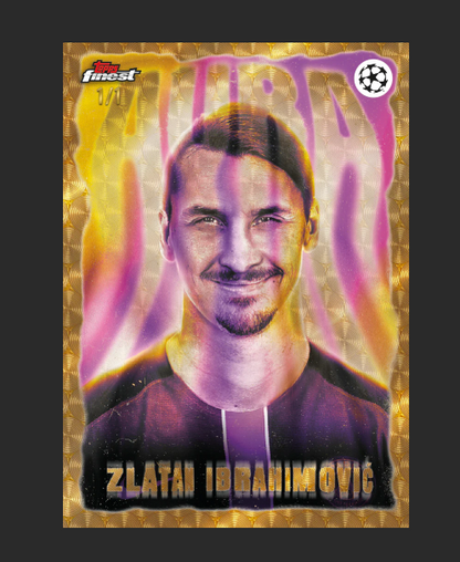 Soccer trading card featuring Zlatan Ibrahimovic with a colorful design and Topps Finest logo.