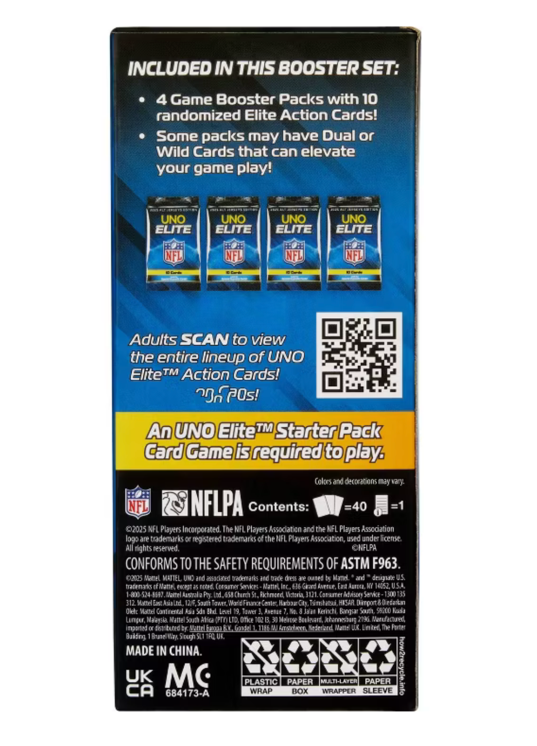 UNO Elite card game booster pack with product details and branding on a white background