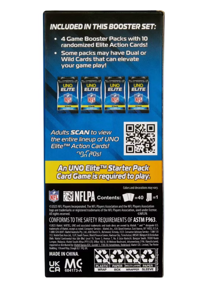 UNO Elite card game booster pack with product details and branding on a white background