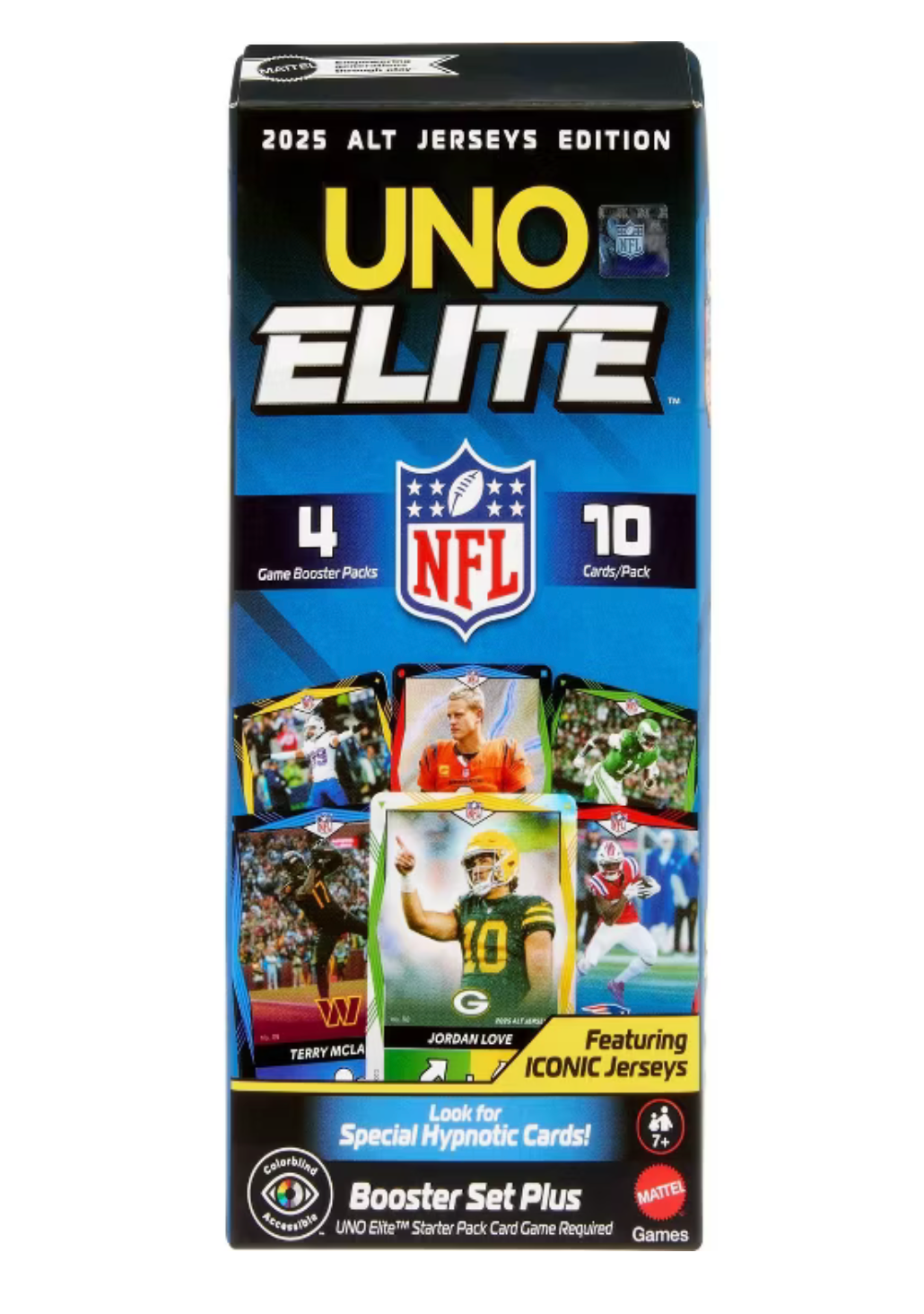 UNO Elite NFL card game packaging with images of football players on a white background