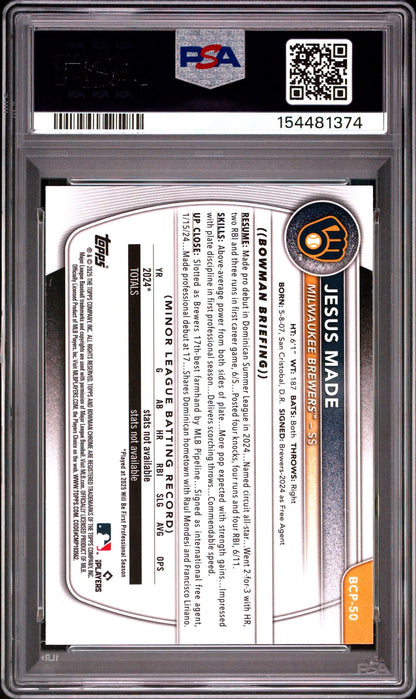 Baseball trading card with PSA grading information on the back