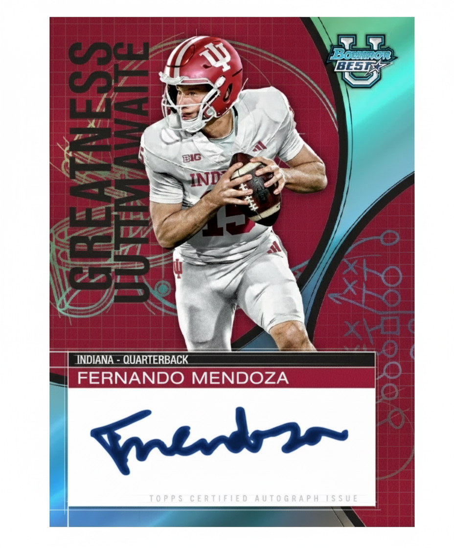 Football trading card of Fernando Mendoza with Indiana logo and autograph