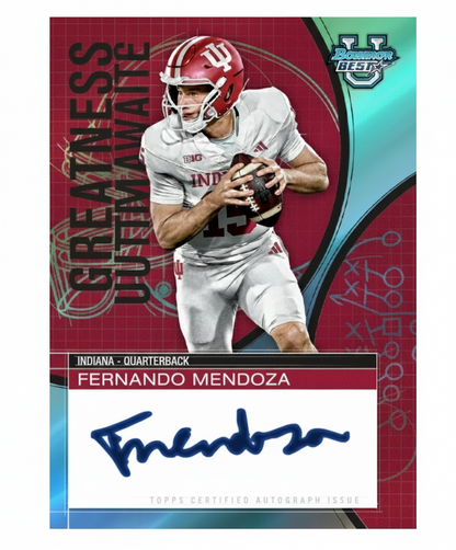 Football trading card of Fernando Mendoza with Indiana logo and autograph