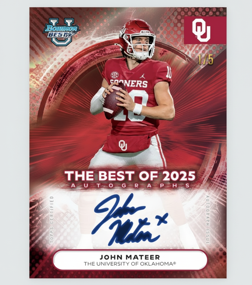 Football trading card featuring a player in a red jersey with autograph and limited edition details.
