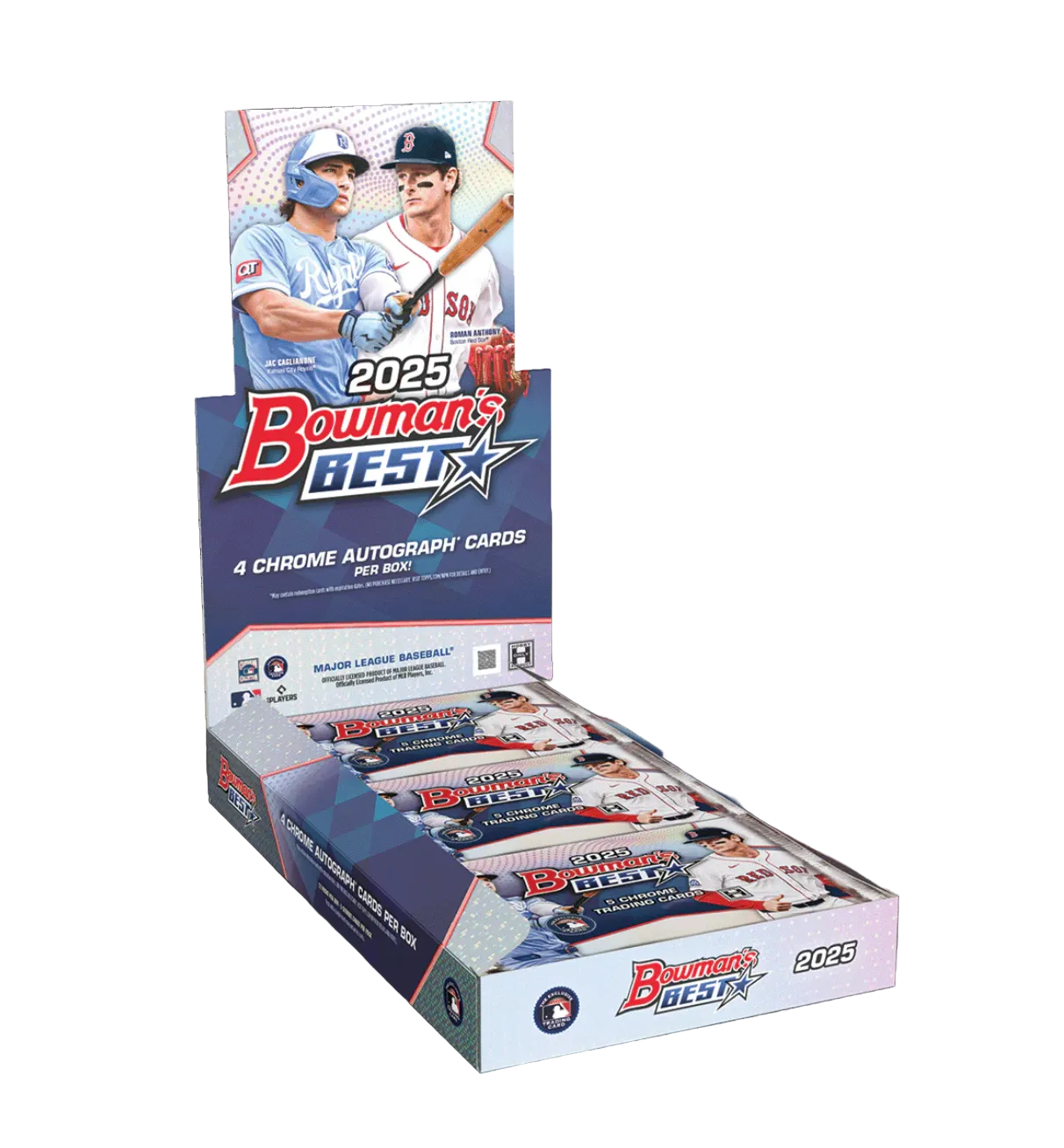 Box of 2025 Bowman's Best baseball trading card packs on a black background