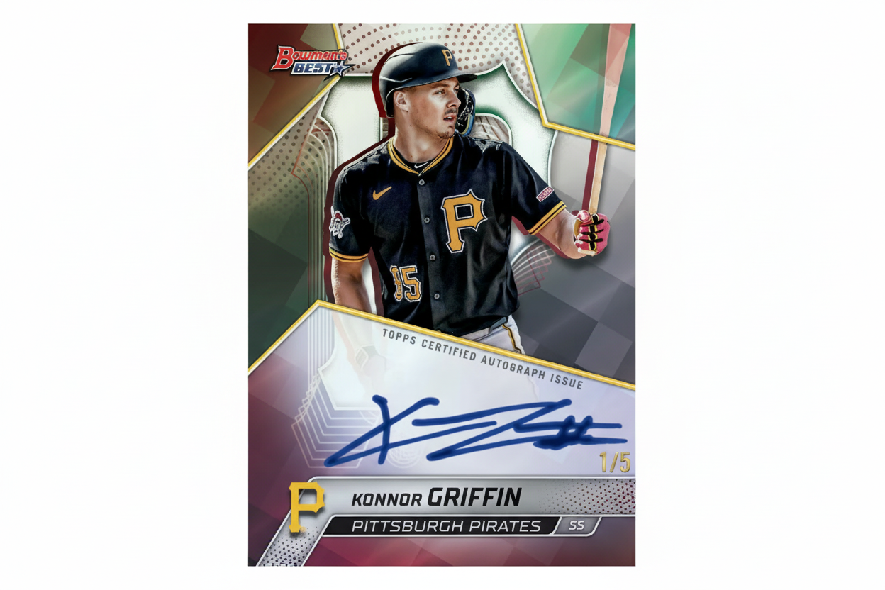 Baseball trading card of Konnor Griffin from the Pittsburgh Pirates with autograph and limited edition details.