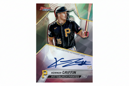 Baseball trading card of Konnor Griffin from the Pittsburgh Pirates with autograph and limited edition details.