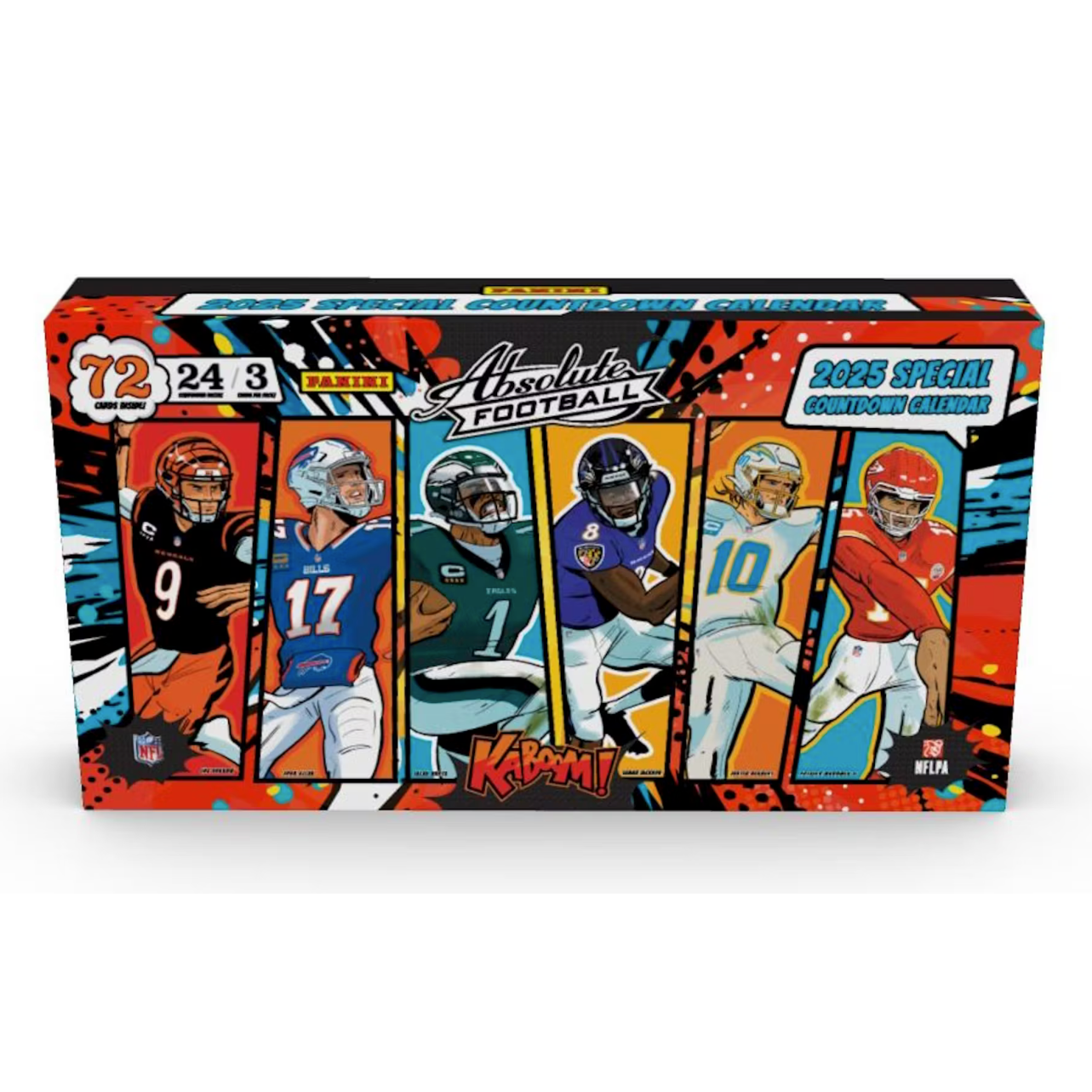 Box of Absolute Football trading cards featuring player images on a colorful background