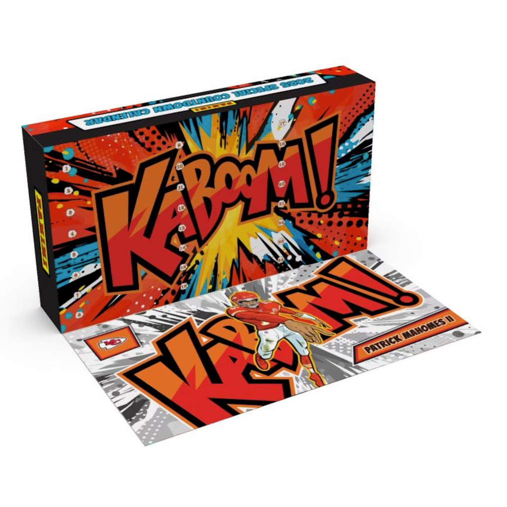 Colorful 'KA-BOOM!' themed product packaging on a white background