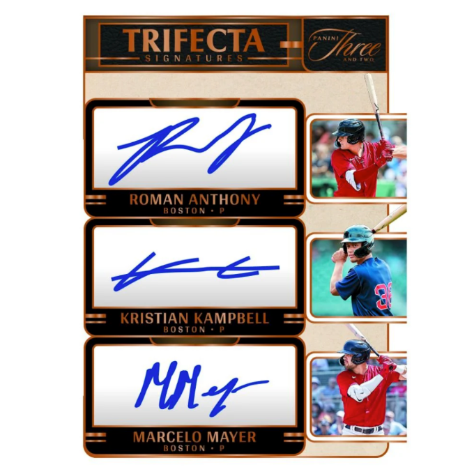 Baseball card with signatures and images of players, featuring the brand 'Trifecta Signatures'.
