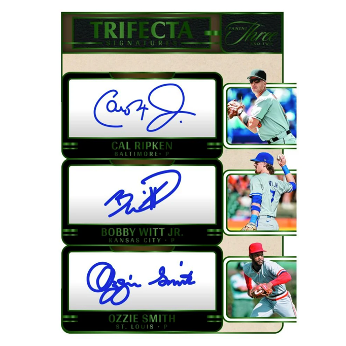 Baseball trading card set with autographs and player images on a green and white background.