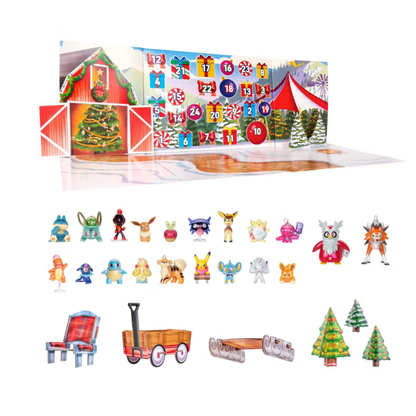 Advent calendar with small figures and Christmas-themed items on a white background