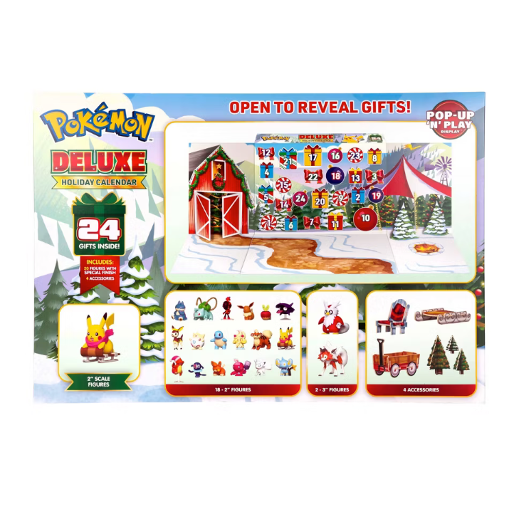 Pokémon Deluxe Holiday Calendar packaging with festive design and toy figures.