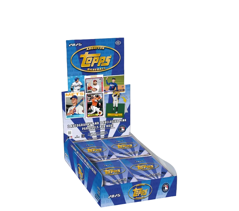 Topps trading card packs displayed in a box on a dark background