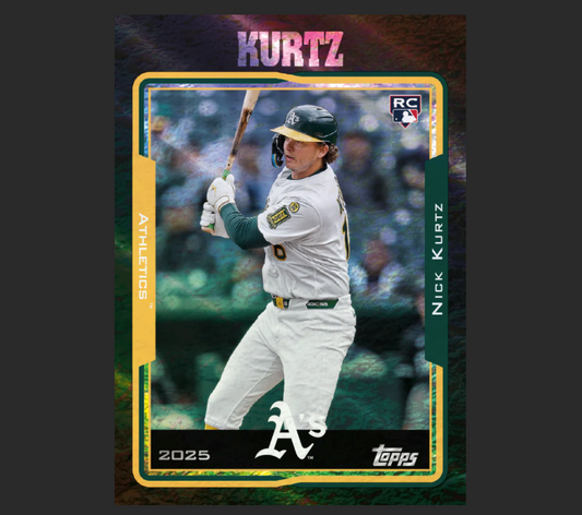 Baseball trading card of Nick Kurtz with 'Athletics' and 'Topps' branding.