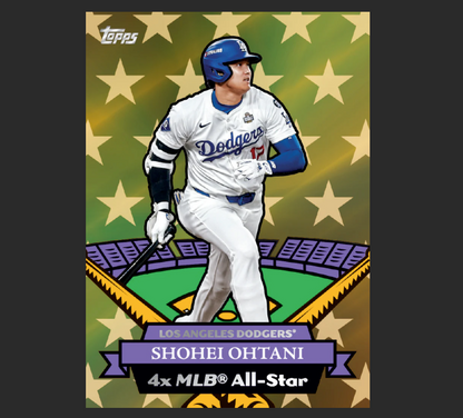 Baseball trading card of Shohei Ohtani with a starry background