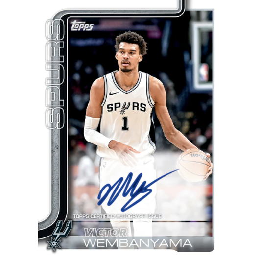 Basketball trading card of Victor Wembanyama with Spurs jersey and Topps branding.