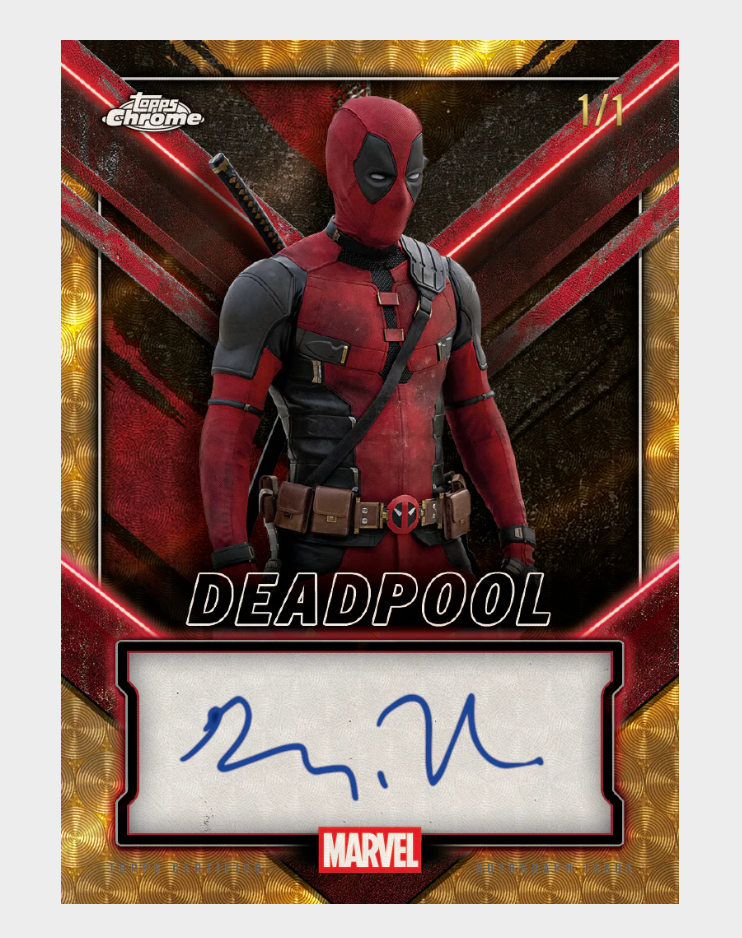 Deadpool trading card with signature, Marvel logo, and 'Chrome' branding.