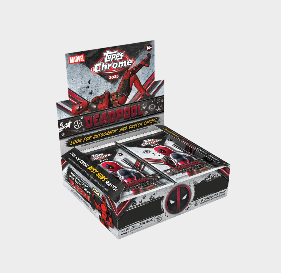Topps Chrome Deadpool trading card pack on a white background