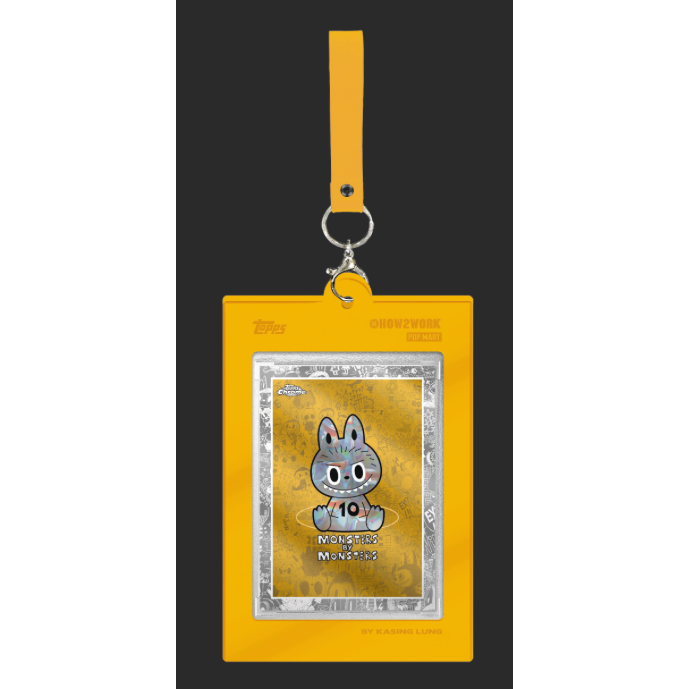 Yellow card holder with a cartoon character and strap on a black background
