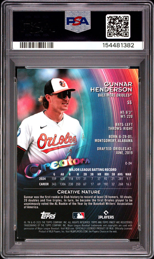 Baseball trading card of Gunnar Henderson with a colorful design and PSA grading label.