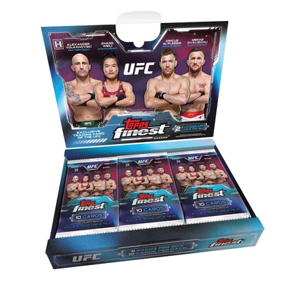 The 2025 Topps Finest UFC Hobby Box delivers premium Chrome cards, refractors, autographs, and low-numbered parallels featuring top UFC fighters — factory sealed and ready to rip.