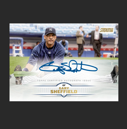 Baseball trading card of Gary Sheffield on a field with signature and branding