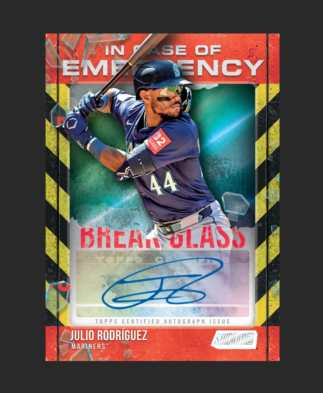 Baseball trading card featuring a player in a batting stance with a dramatic background