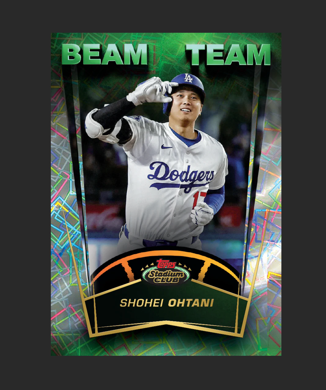 Baseball trading card of Shohei Ohtani with 'Beam Team' text on a colorful background