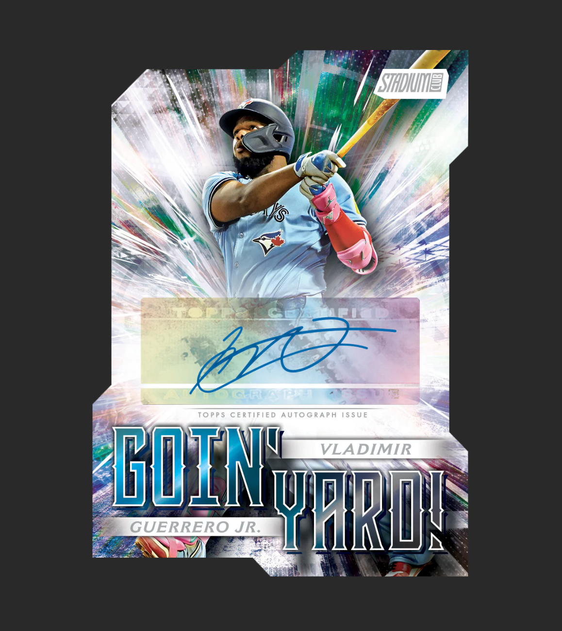 Baseball trading card featuring a player in action with colorful background